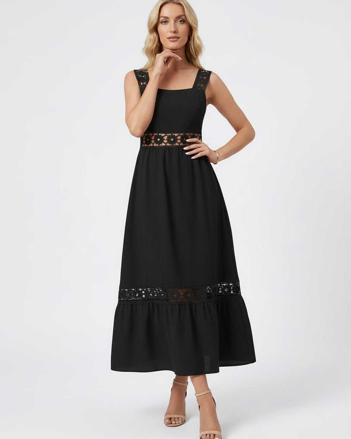 Celeste Midi Dress by Lauven showcasing elegant lace insets, perfect for a sophisticated and modern wardrobe.