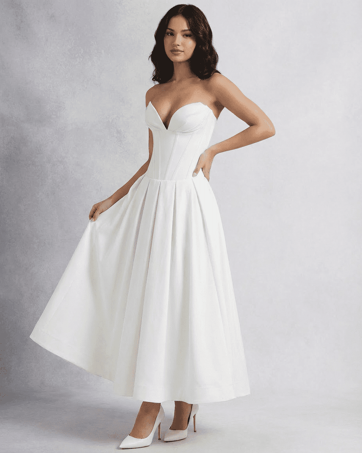 Celeste Midi Dress by Lauven, an elegant strapless corset A-line dress perfect for special events.