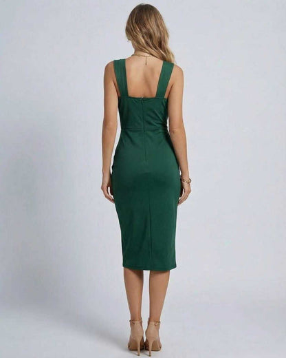 Lauven Celeste Midi Dress back view showcasing stylish green satin fabric and flattering fit.