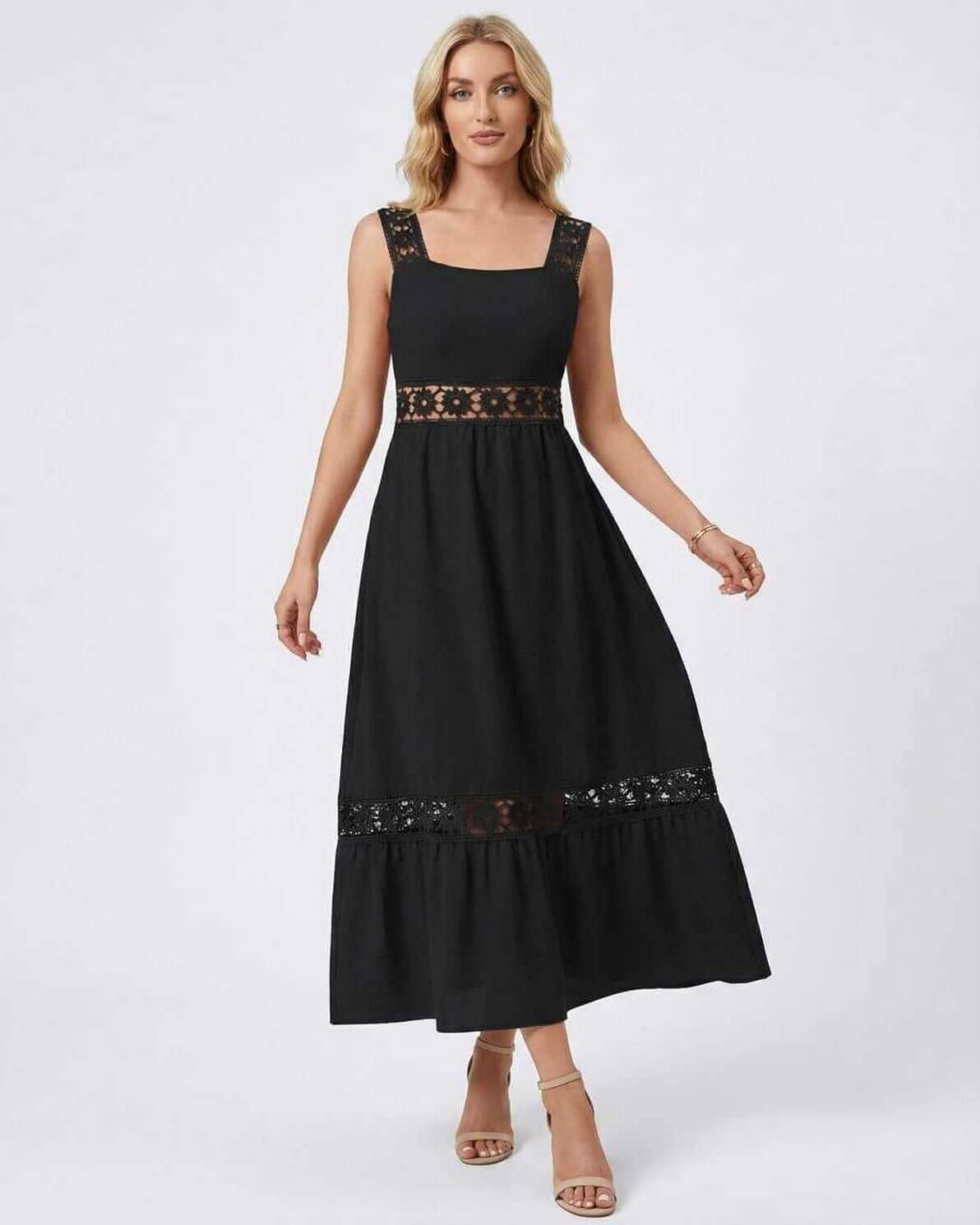 Celeste Midi Dress by Lauven featuring elegant lace insets and a sophisticated silhouette.