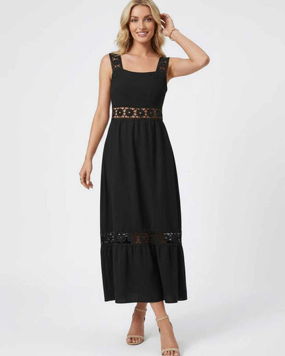 Lauven Celeste Midi Dress featuring elegant lace insets on a chic black design, perfect for modern fashion trends.