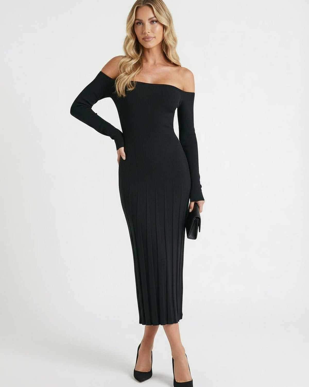 Celeste Midi Dress by Lauven, elegant off-shoulder slim fit black midi dress showcasing timeless sophistication.
