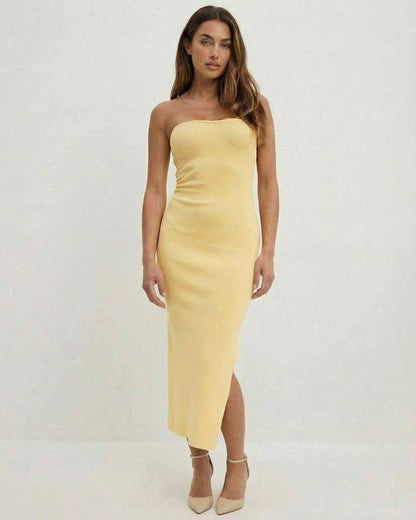 Celeste Midi Dress by Lauven, elegant strapless sheath in soft yellow, perfect for Spring 2024.