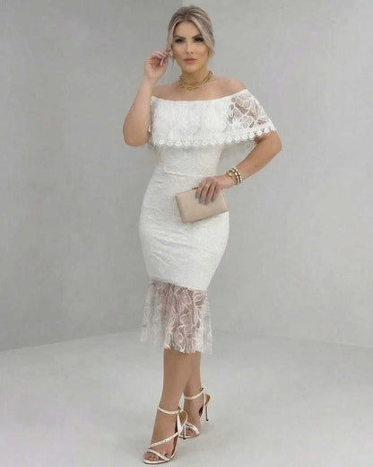 Lauven Celeste Midi Dress features off-the-shoulder lace elegance, perfect for bridal showers and special occasions.