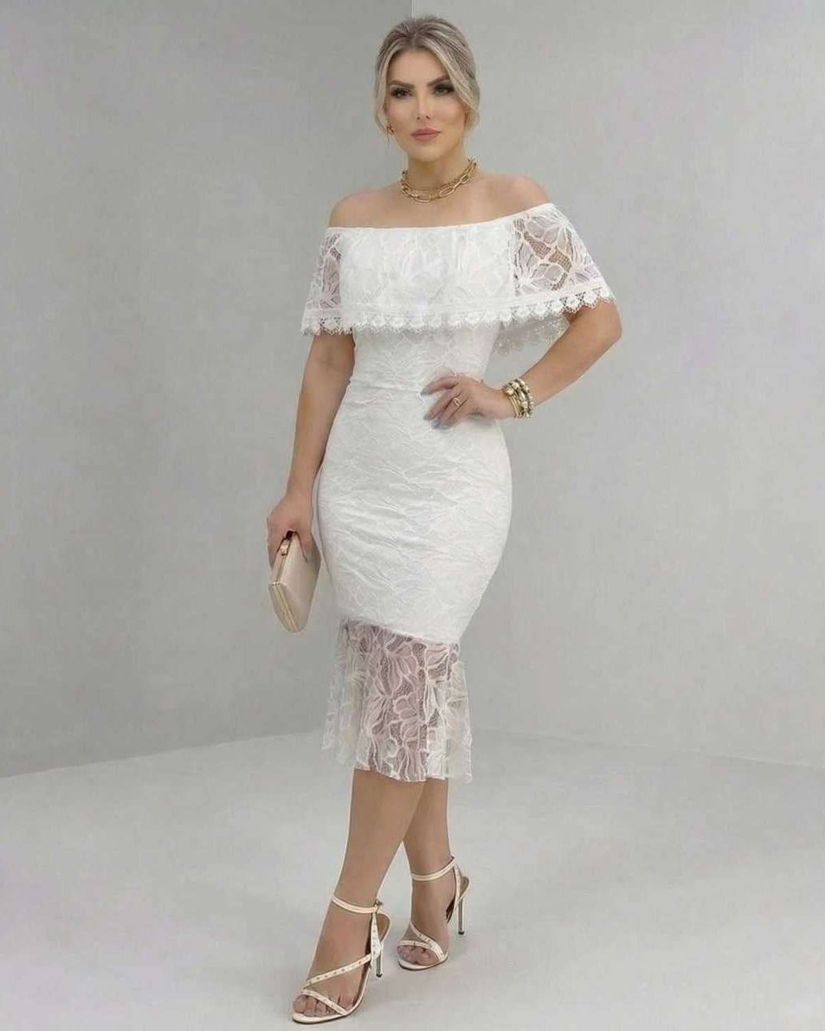 Lauven Celeste Midi Dress with off-the-shoulder lace elegance for bridal showers and special occasions.