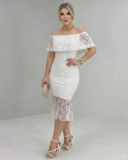Lauven Celeste Midi Dress with off-the-shoulder lace elegance for bridal showers and special occasions.