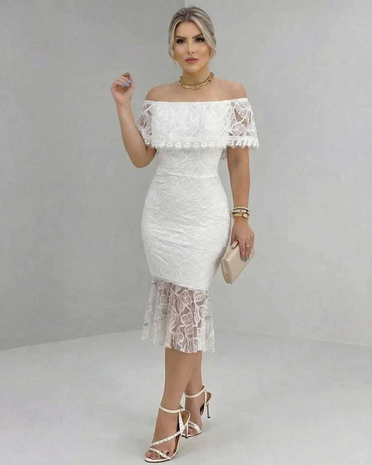 Lauven Celeste Midi Dress featuring off-the-shoulder lace elegance for bridal showers or special occasions.