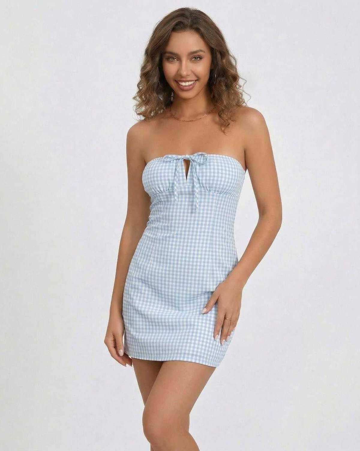 Celeste Mini Dress by Lauven, blue gingham strapless mini dress with empire waist for summer style.