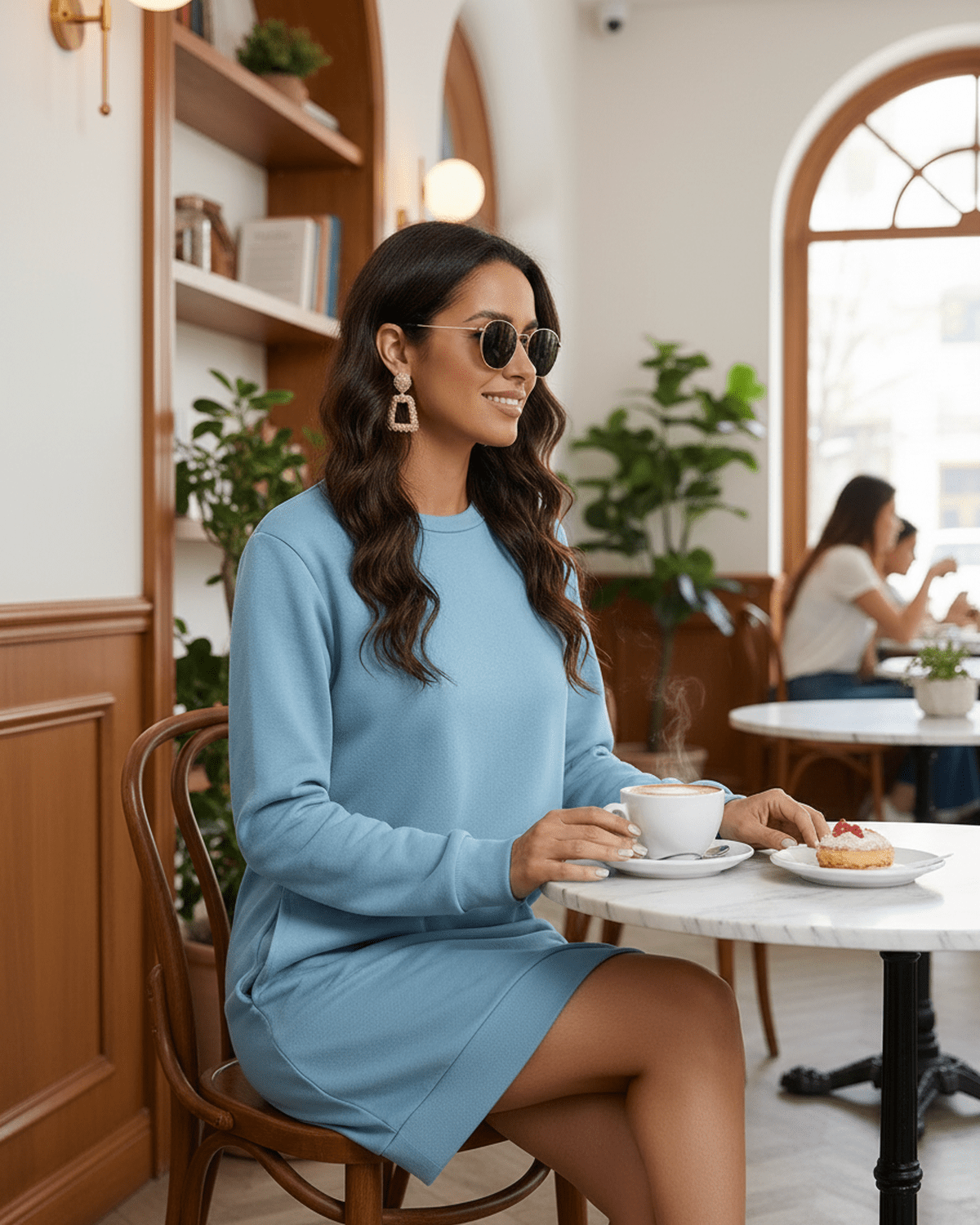 Woman in light blue Celeste Mini Dress by Lauven sitting at a café, enjoying coffee and a pastry.