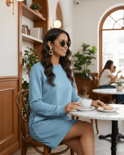 Woman in light blue Celeste Mini Dress by Lauven sitting at a café, enjoying coffee and a pastry.