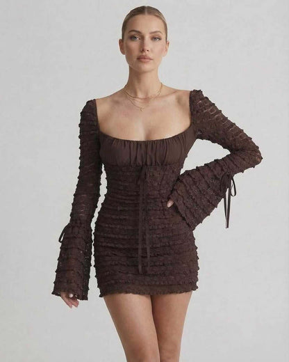 Celeste Mini Dress by Lauven in rich chocolate brown, featuring a fitted silhouette and elegant flare sleeves.