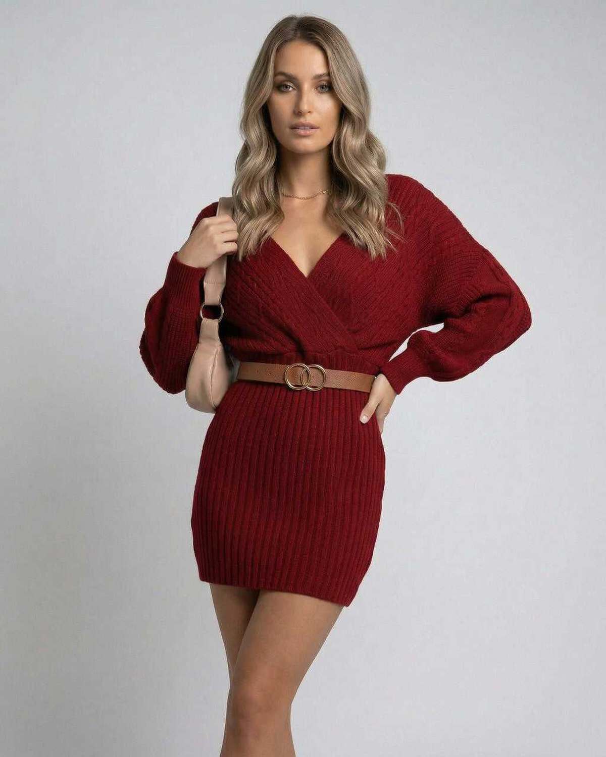 Celeste Mini Dress by Lauven, elegant burgundy bodycon knit dress with deep V-neckline and ribbed texture.