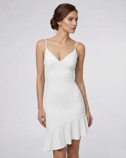 Celeste Mini Dress by Lauven featuring elegant white A-line design and ruffle detail.