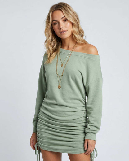 Celeste Mini Dress in sage green with gathered drawstring detail, by Lauven, stylish and comfortable.