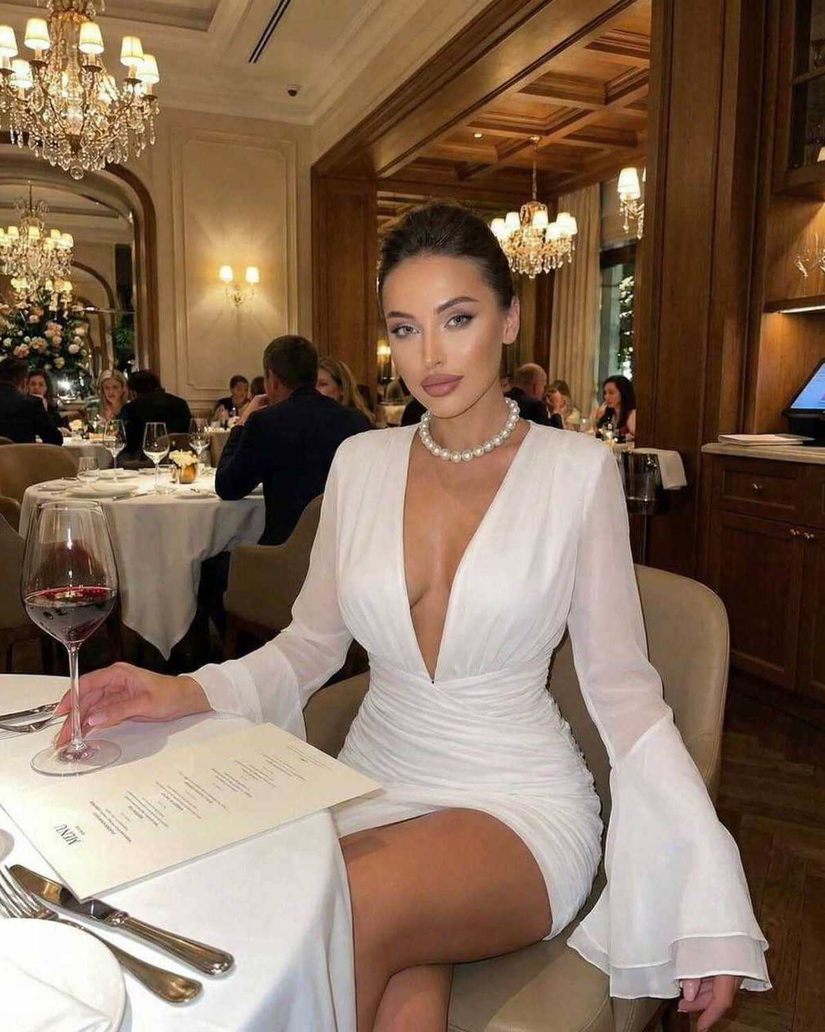 Celeste Mini Dress by Lauven worn at an elegant restaurant featuring a V-neck design and dramatic sleeves.