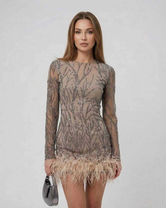 Celeste Mini Dress by Lauven featuring sequins and feather trim in taupe.