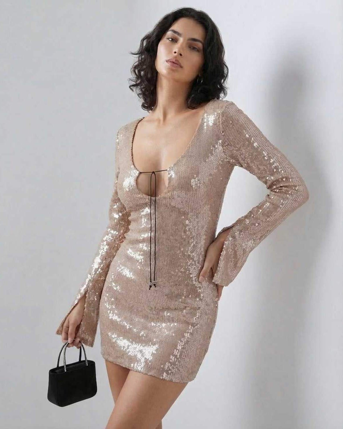 Lauven Celeste Mini Dress with sequined elegance and flared sleeves in nude tone.