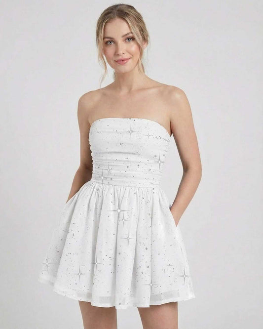 Celeste Mini Dress by Lauven - Strapless A-Line Mini Dress with Bow Detail in White.