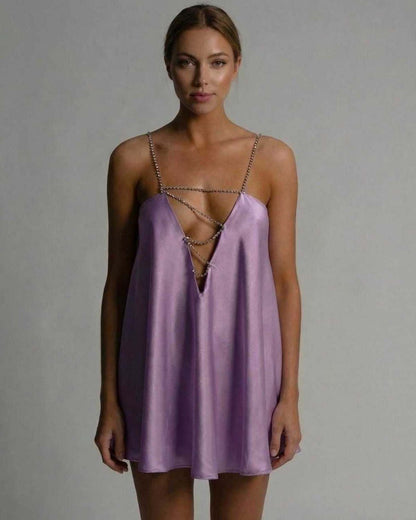 Celeste Mini Dress by Lauven in lavender satin, featuring a flared silhouette and beaded spaghetti straps.