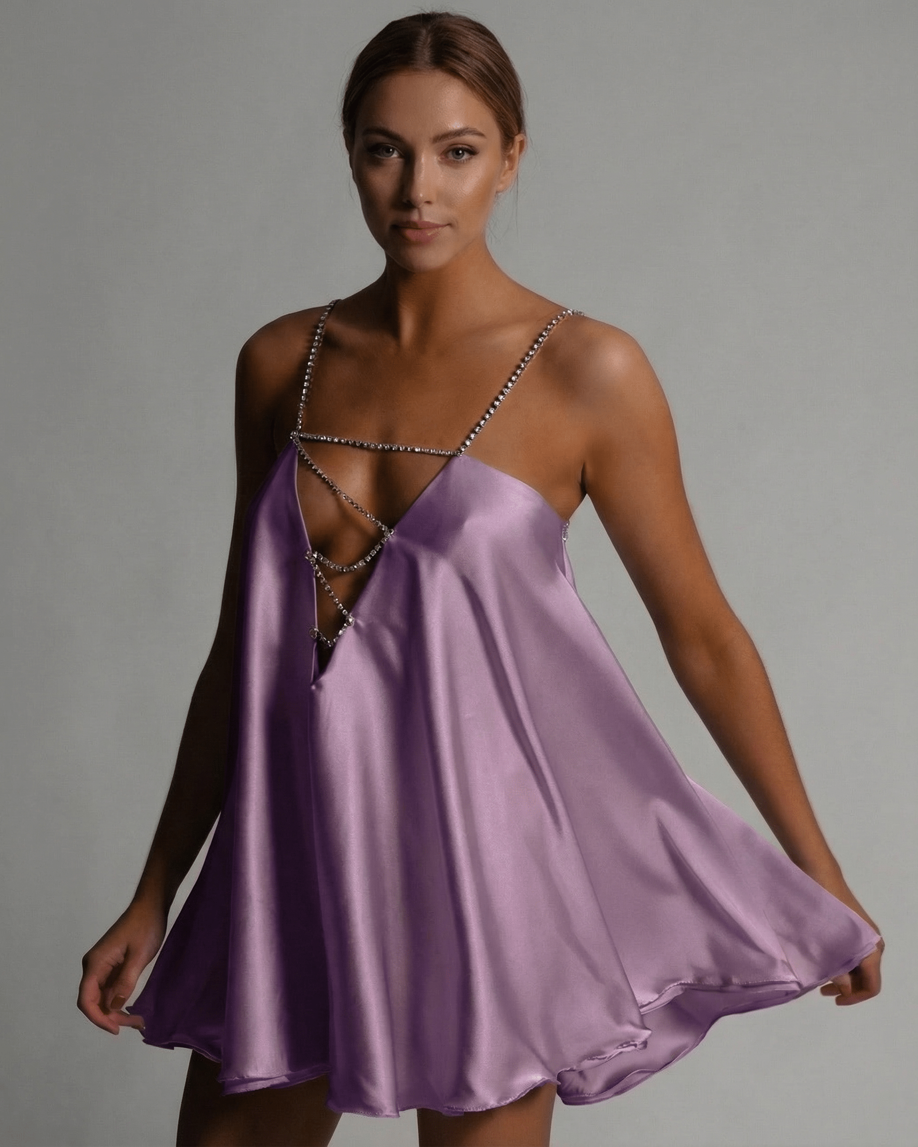 Celeste Mini Dress by Lauven in lavender satin with beaded spaghetti straps and flared A-line silhouette.