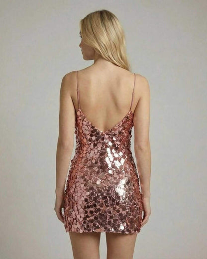Celeste Mini Dress by Lauven, rose gold sequin bodycon mini dress showcasing a sleek back view.