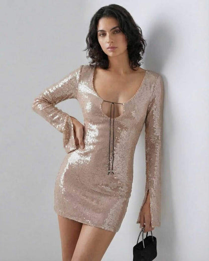 Lauven Celeste Mini Dress with sequined elegance and flared sleeves in nude tone.