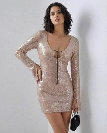 Lauven Celeste Mini Dress featuring sequined elegance and flared sleeves for modern evening wear.