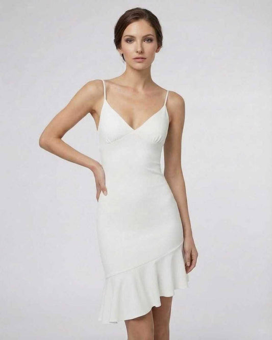 Celeste Mini Dress by Lauven, elegant white A-line design with ruffle detail, perfect for upscale fashion.