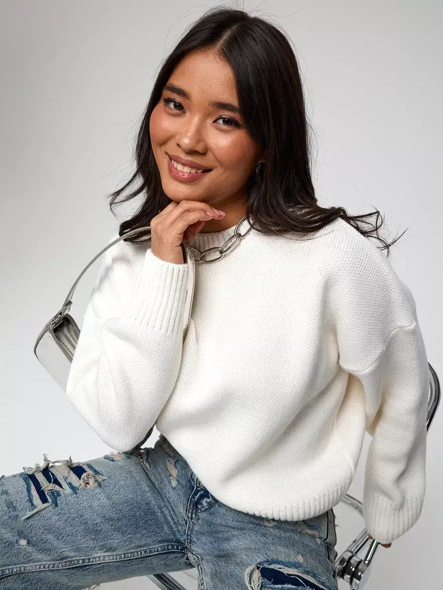Celeste Pullover by Lauven, oversized cropped women's sweater in soft ivory, perfect for modern luxury and everyday comfort.