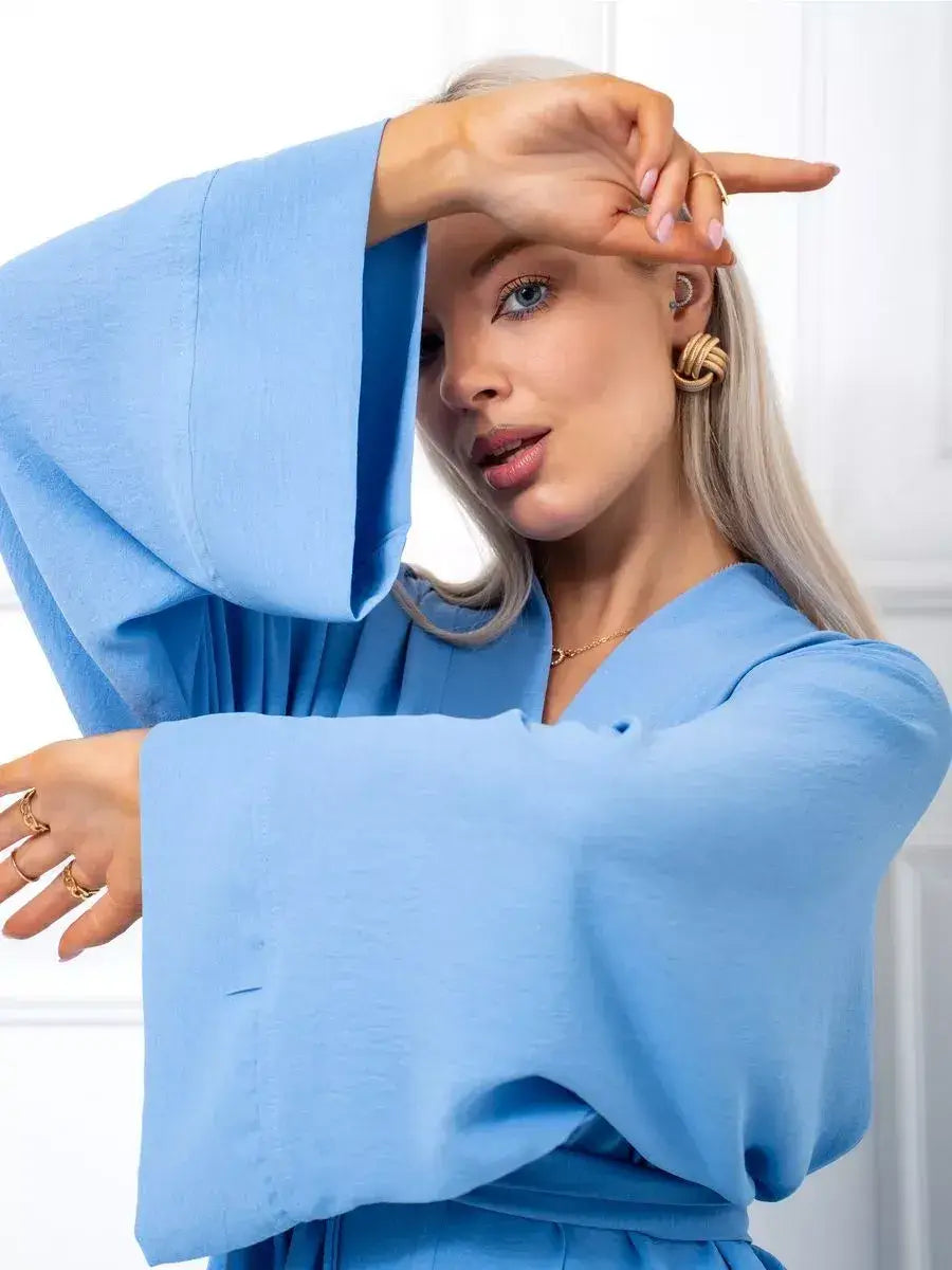 Celeste Suit Set by Lauven featuring an elegant oversized kimono-style robe in soft blue.