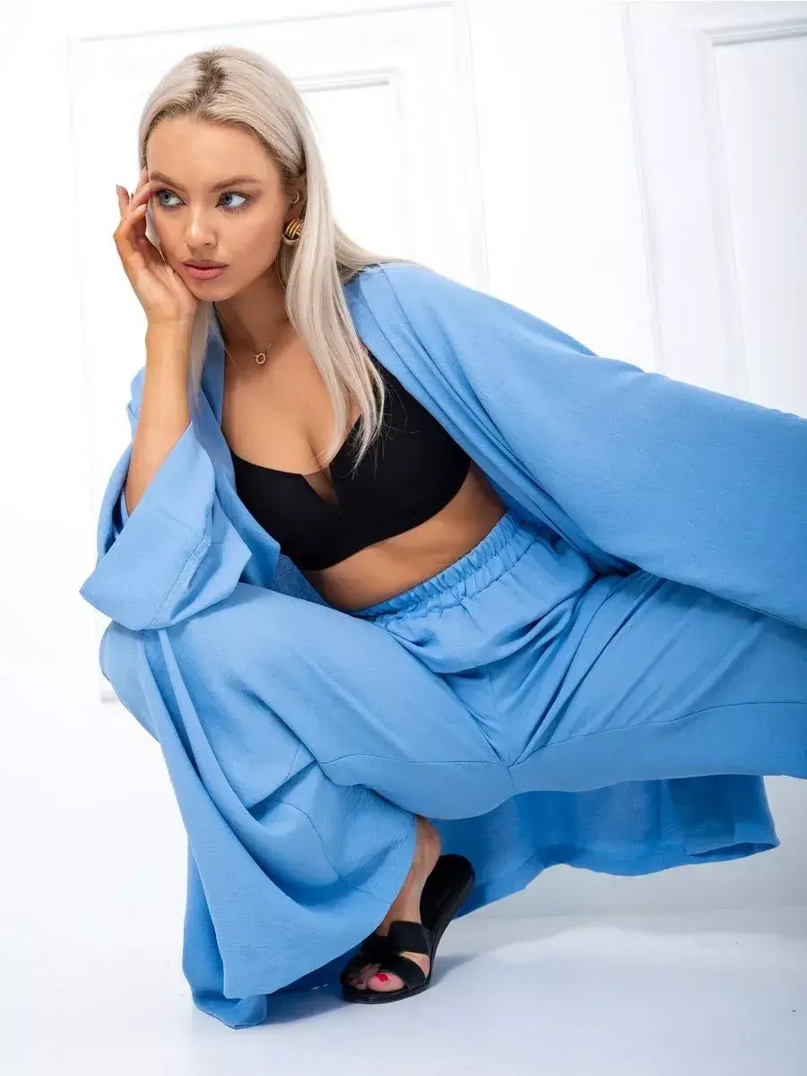 Celeste Suit Set by Lauven, elegant oversized blue two-piece set featuring a kimono-style robe and wide-leg palazzo pants.