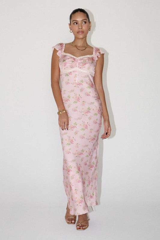 Celeste Women's Dress featuring pink floral satin fabric, flutter sleeves, and a flattering maxi silhouette, perfect for summer events.