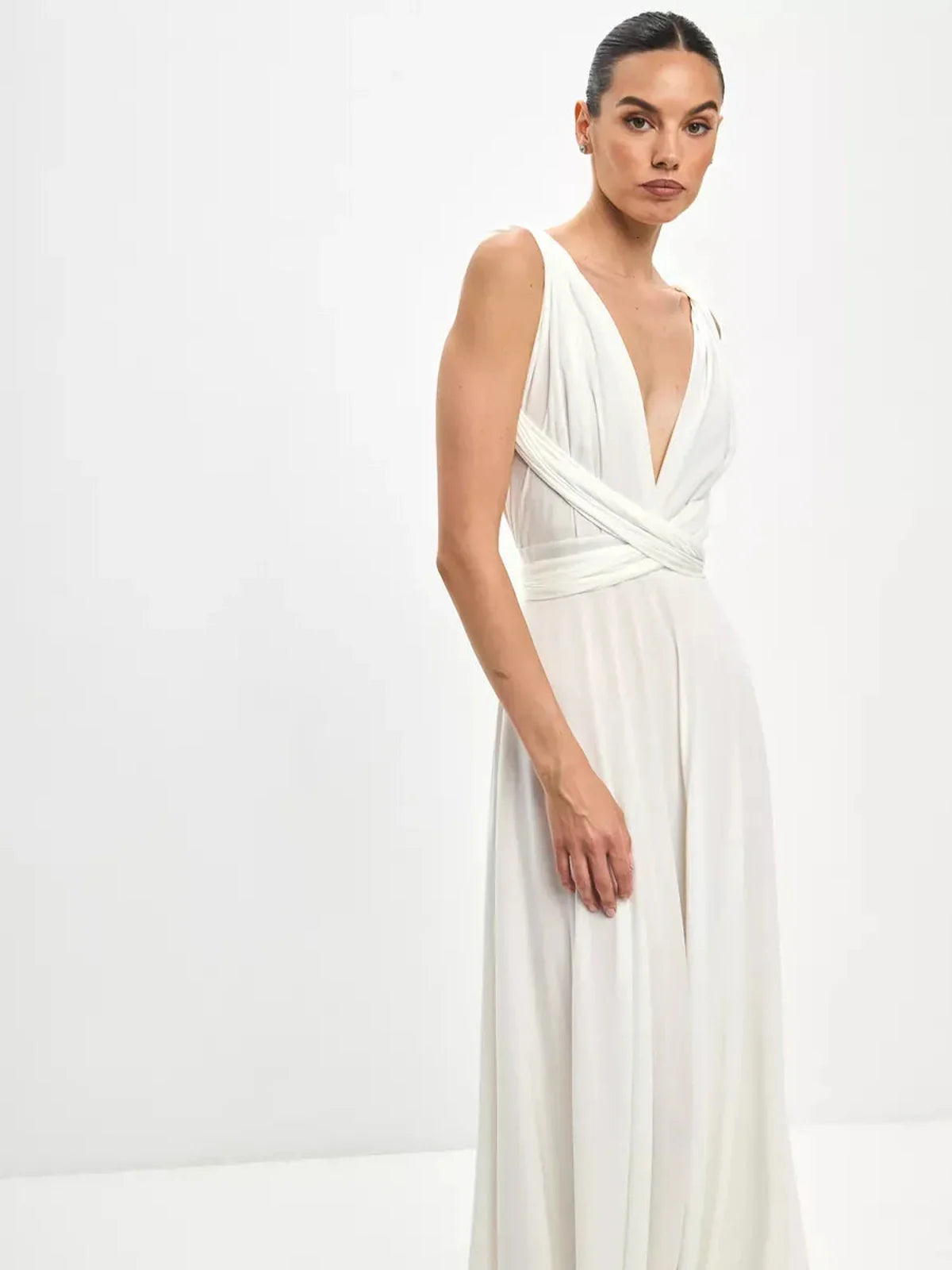 Celeste Wrap Maxi Dress featuring a draped V-neckline and convertible tie detail, enhancing elegance and style.