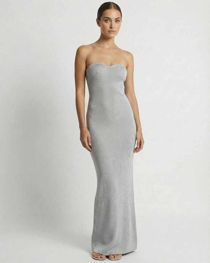 Celestia Maxi Dress by Lauven - Strapless slim fit ankle-length dress in gray showcases timeless elegance.