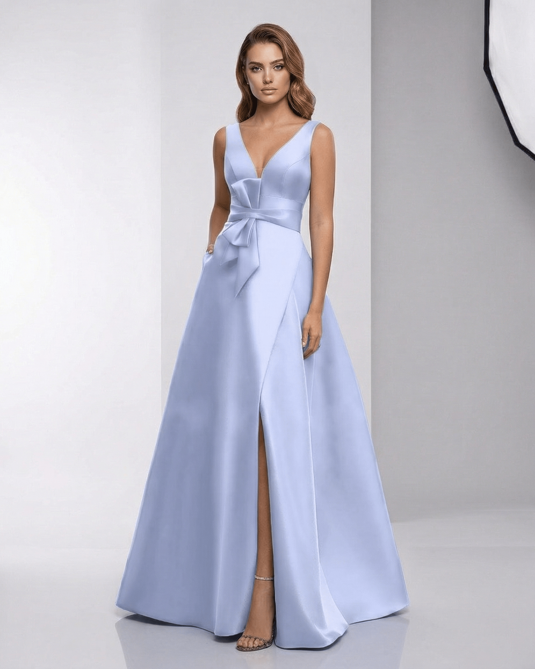 Celestia Maxi Dress – Light blue satin A-line V-neck floor-length dress by Lauven, showcasing elegance and modern design.