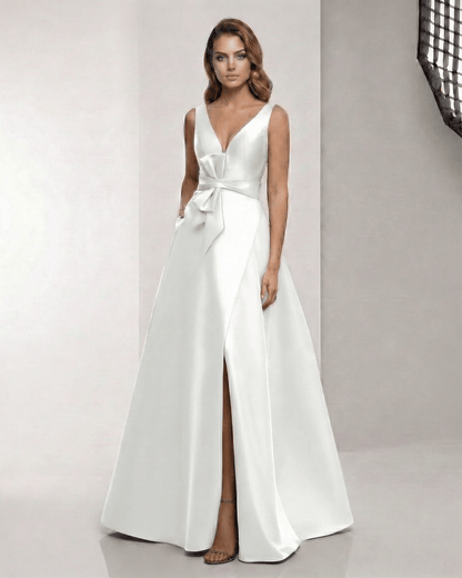 Celestia Maxi Dress - Satin A-Line White Maxi Dress with V-Neck and Bow Detail by Lauven, elegant and polished style.