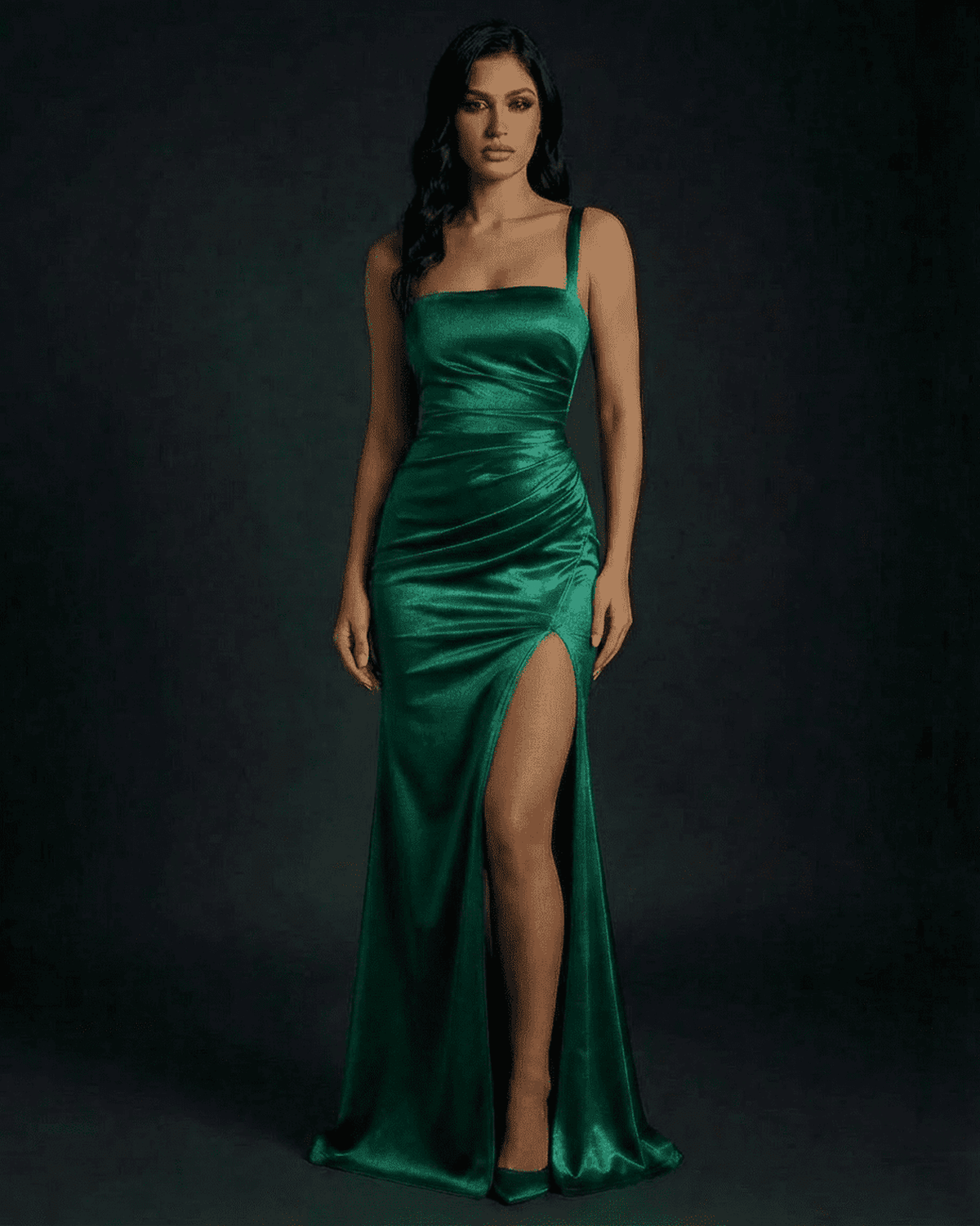 Celestine Maxi Dress by Lauven: Elegant satin emerald green bodycon dress with high slit and square neckline.