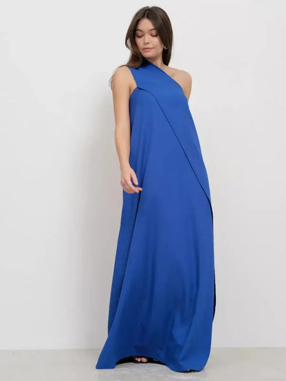 Cerulean Drape Maxi Dress showcasing one-shoulder style in rich sapphire hue, perfect for elegant occasions.