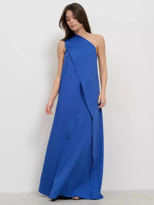 Cerulean Drape Maxi Dress showcasing one-shoulder design in rich blue, perfect for elegant formal occasions.
