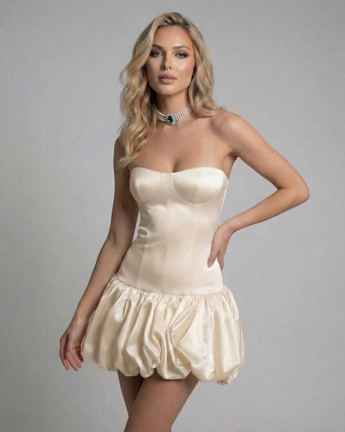Champagne Mini Dress by Lauven – Elegant strapless bodycon with backless design in soft champagne color.