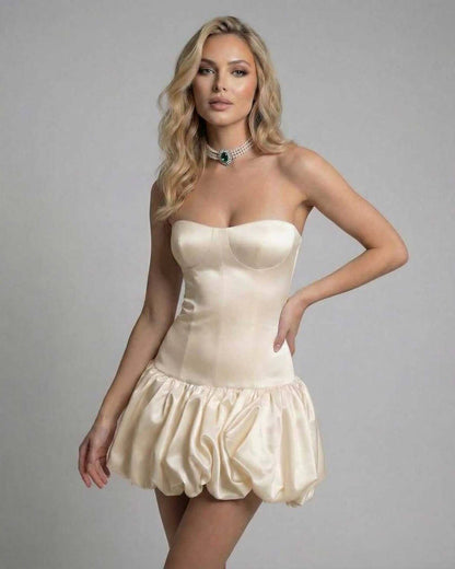 Champagne Mini Dress by Lauven – Elegant strapless bodycon with backless design in soft champagne color.