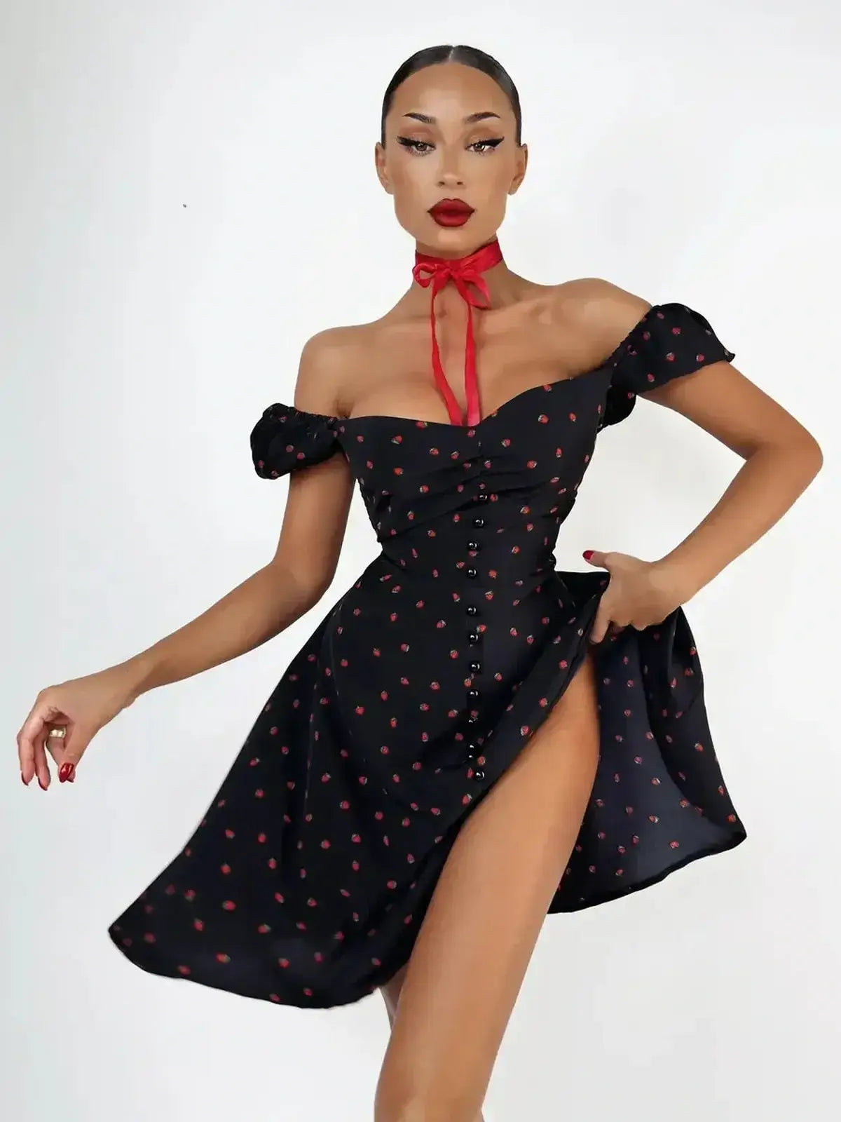 Cherry Kiss Mini Dress with cherry print, sweetheart neckline, and puff sleeves for summer party occasions.