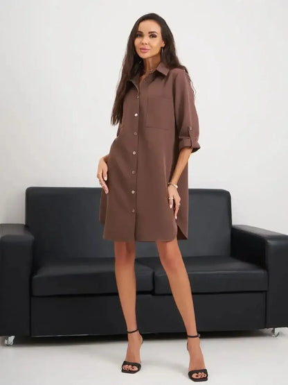 Brown tailored mini dress with button-down front and oversized pockets, ideal for summer and casual occasions.