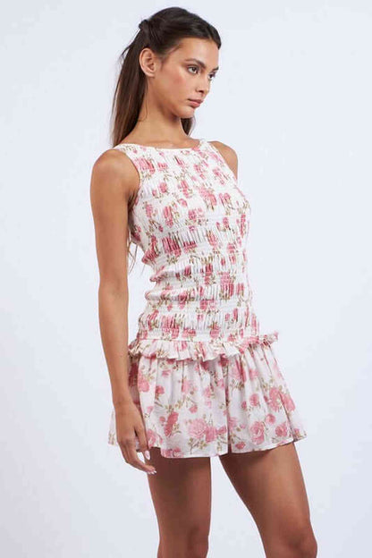 Floral mini dress for women with tie details, perfect for summer weddings and cocktail parties.