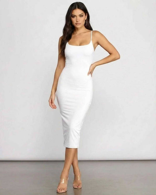 Clara Midi Dress by Lauven featuring a sleek silhouette in luxurious white knit fabric.