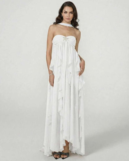 Clariona Maxi Dress by Lauven, white strapless ankle-length gown with ruffle detail and flowing silhouette.
