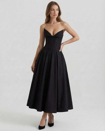 Cleo Midi Dress by Lauven - Elegant strapless black A-line ankle-length dress showcasing a fitted bodice and full skirt.
