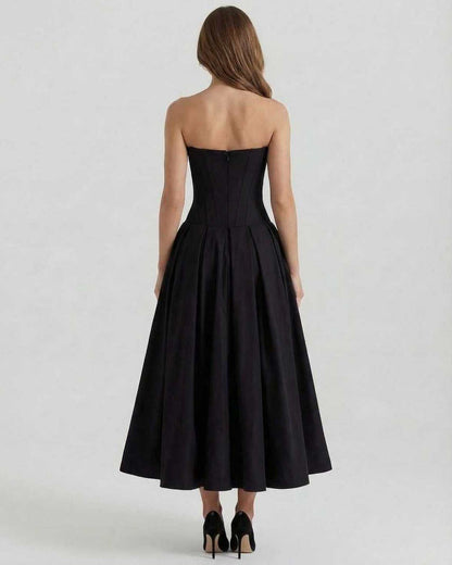 Cleo Midi Dress by Lauven – Back view of elegant strapless black A-line ankle-length dress.