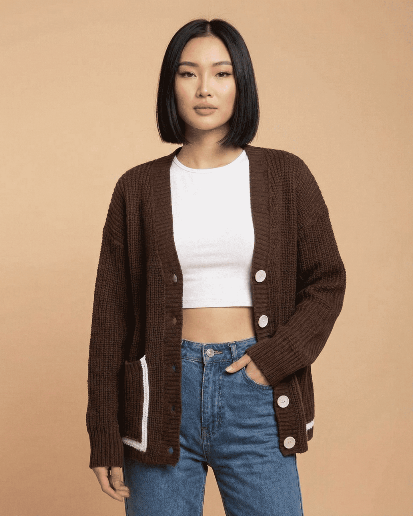 Cocoa Cardigan by Lauven, color block knit cardigan with relaxed fit, V-neckline, and button-front design.