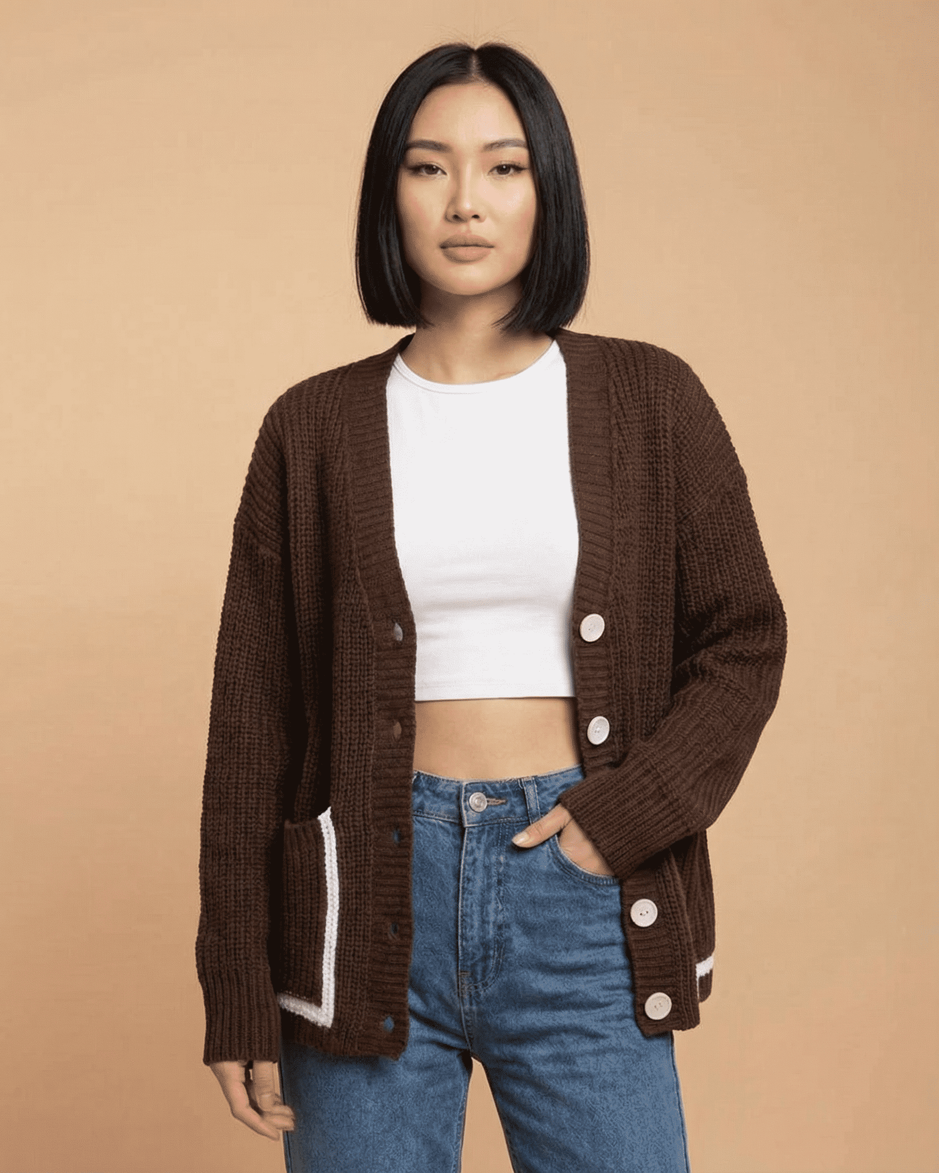 Cocoa Cardigan by Lauven, color block knit cardigan with relaxed fit, V-neckline, and button-front design.